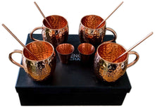 Load image into Gallery viewer, Set of 4 Pure Copper Kyiv Mule Mugs Gift Set with 4 Copper Cocktail Straws and 2 Shot Glasses, Each Hammered Mug Holds 18 Ounces
