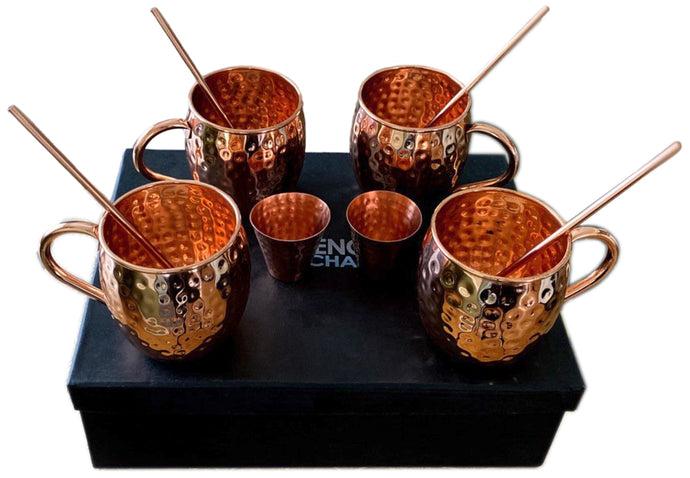 Set of 4 Pure Copper Kyiv Mule Mugs Gift Set with 4 Copper Cocktail Straws and 2 Shot Glasses, Each Hammered Mug Holds 18 Ounces