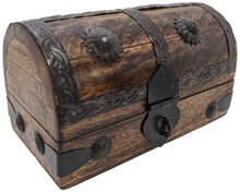 Load image into Gallery viewer, Mini Pirate&#39;s Treasure Chest Wooden Nautical Jewelry Box, Wood with Iron Accents, Hinged Lid, 5 Inches Long
