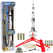 Load image into Gallery viewer, Estes Saturn V Model Rocket Starter Set - Includes Assembled Rocket, Launch Pad &amp; Controller, Four AA Batteries, Recovery Wadding, &amp; Three Engines
