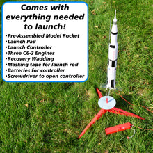 Load image into Gallery viewer, Estes Saturn V Model Rocket Starter Set - Includes Assembled Rocket, Launch Pad &amp; Controller, Four AA Batteries, Recovery Wadding, &amp; Three Engines
