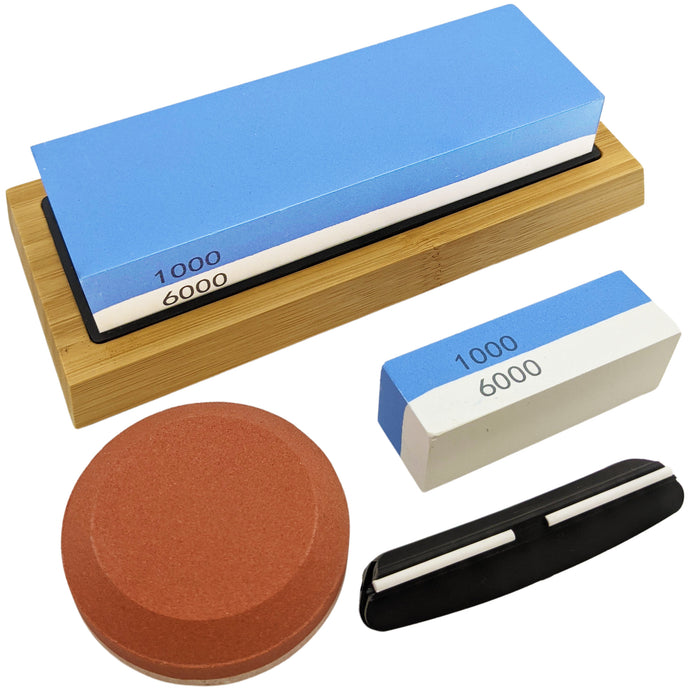 Knife Sharpening Whetstone Set - Includes Dual 1000/6000 Grit Stone, Bamboo Holder, Pocket Size Stone, 140/320 Grit Pebble Axe Sharpener & Angle Guide