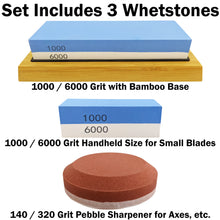 Load image into Gallery viewer, Knife Sharpening Whetstone Set - Includes Dual 1000/6000 Grit Stone, Bamboo Holder, Pocket Size Stone, 140/320 Grit Pebble Axe Sharpener &amp; Angle Guide
