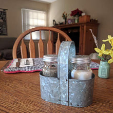 Load image into Gallery viewer, Farmhouse Salt and Pepper Shakers with Caddy Set - Rustic Vintage Style - Galvanized Steel - 3 Piece Set
