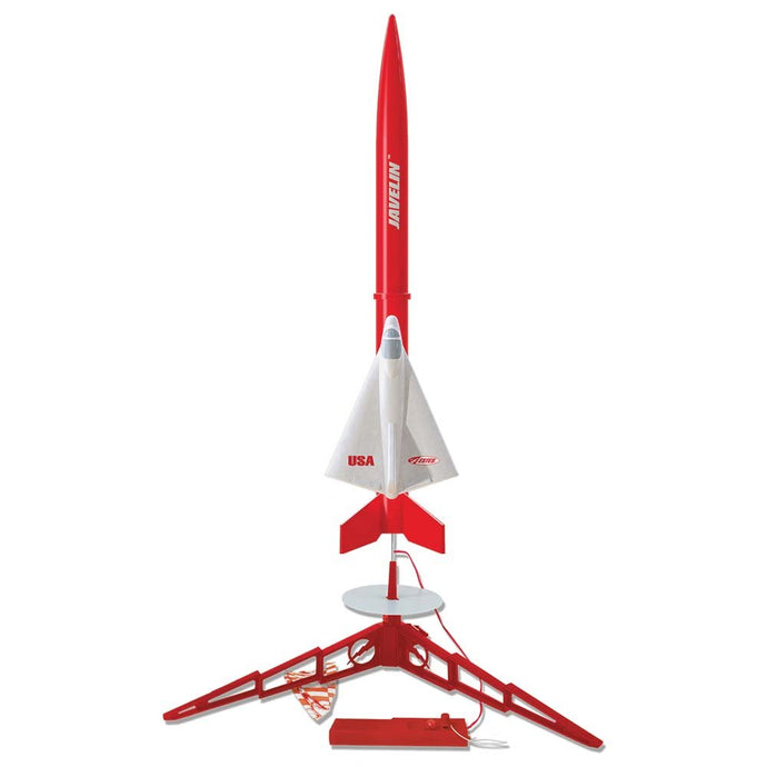 Silver arrow features very cool aerodynamic plastic nose cone & fins, has a precolored body tube to speed assembly. No painting required, about an hour to assemble and decorate. | When powered with a C6 engine, the silver arrow can be shot to a Cloud topping 1125 feet, while safely landing for another exciting flight with its colorful preassembled parachute. | This launch set includes an Estes launch controller and launch pad. | Estes 1436 rocketry is recommended for ages 10 and up with adult su