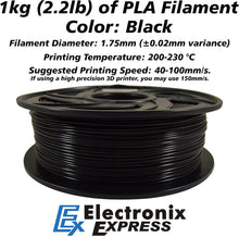 Load image into Gallery viewer, Black Color PLA 3D Printer Filament, 1.75 mm Diameter with +/-0.02 mm Accuracy, 1 kg Spool (2.2 lbs)
