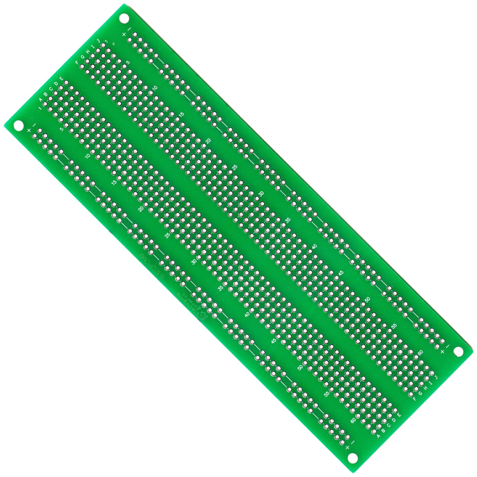 This solderable PC protoboard has an identical layout to our 03MB102 breadboard solderless (plug-in) breadboard, making it easy to transfer circuits from breadboard to this PC Board for a more permanently wired circuit | 630 tie-point IC-circuit area plus four 50 tie-point power rails | Measures 6.6