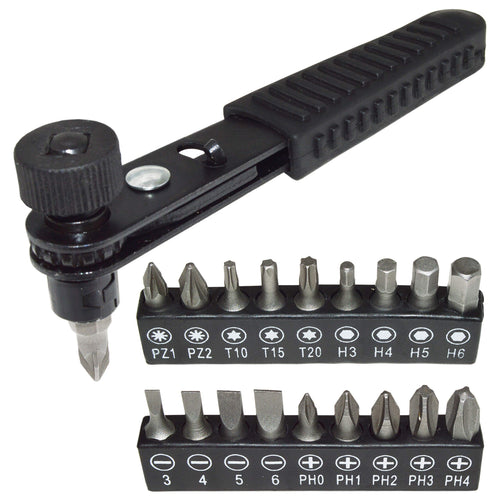 Right angle ratcheting screwdriver - perfect for working in tight workspaces where full sized tools won't cut it | Includes 18 low profile vanadium steel bits for versatility - you can also use your own as the socket is compatible with any 1/4 inch hex bit | Reversible - use the switch on the handle to select between tightening and loosening direction | Comfortable rubber grip handle with non-slip drive head for optional two handed operation for extra stability | Rapid screw tightening is possib