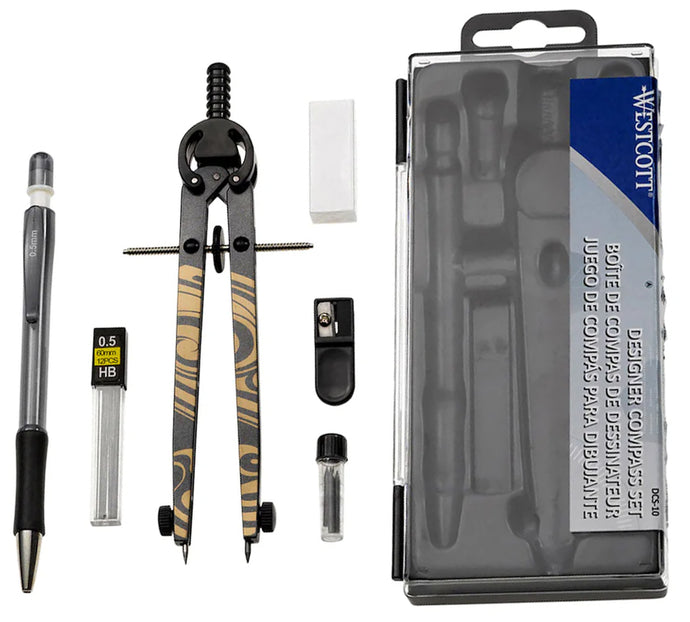 Includes Compass, lead sharpener, eraser, 12 extra Pencil leads, Mechanical Pencil, 4 extra Compass leads, extra Compass point | Carrying case included | Perfect for School or work | The MUST have tool for your drafting and drawing needs