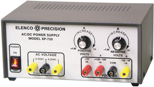 Build an AC/DC Triple Output Power Supply, useful anywhere precise DC voltage is required | Features three fully regulated solid-state power supplies | Ideal for use in school labs | Made in the United States | For 30 years Elenco has been using their strong engineering and design skills to develop reliable, affordable electronic test equipment, tools, and educational kits