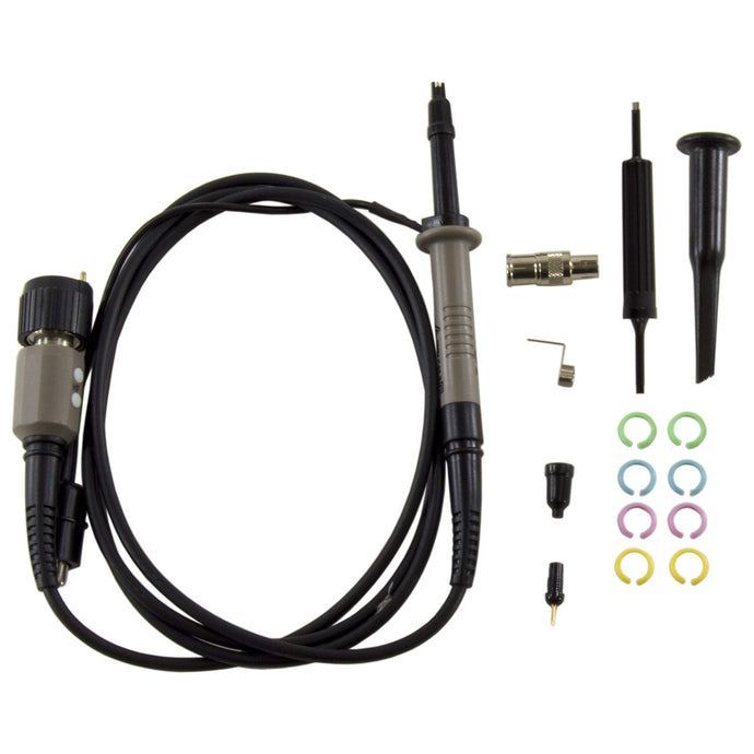 Fixed x10 attenuation with readout actuator pin | Rise time 1.0 ns (350 MHz) | 10-35 pf compensation range(350 MHz) | Cable length 1.2 meter | Probe tips are interchangeable and can be replaced easily