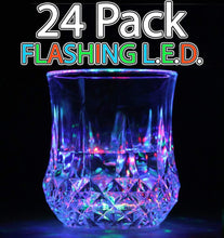 Load image into Gallery viewer, Liquid Activated! Just add liquid to activate the flashing LEDs. The lights turn off when the cups are empty. | When activated, the LEDs flicker, change color, and glow in a beautiful alternating sequence | Great for parties, bars, nightclubs or discos! These cups are certain to impress and entertain! | Made of durable acrylic plastic in a classy, old-fashioned crystal design | Batteries are included and replaceable - Two CR2025 lithium batteries are pre-installed in the bottom of each cup. Repl
