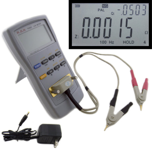 Measures six basic parameters: inductance L, capacitance C, resistance R, impedance |Z|, dissipation factor D and quality factor Q | Test Frequencies: 100Hz, 120Hz, 1KHz, Test Parameters: L/Q, C/D, R/Q, Z/Q | Includes meter, 4 terminal Kelvin test clip leads, DC power adapter, 9v battery, and user manual | Handheld with low power consumption - 5 digits display - features a convenient collapsible stand | Weighs 1 lb. and measures 3.9