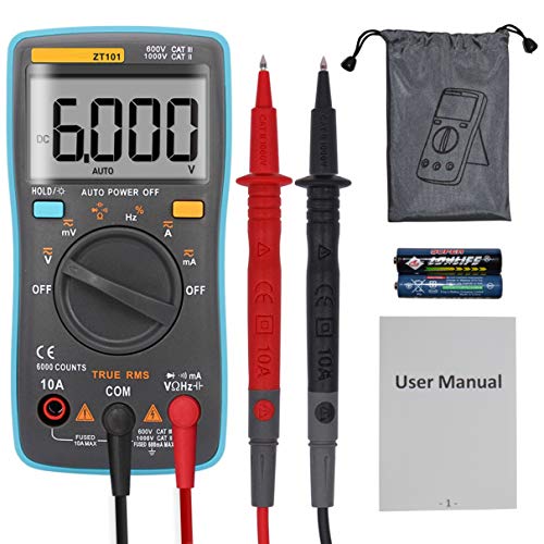 Battery powered, True RMS auto-ranging digital multimeter with 6000 counts and backlit LCD display | Measures AC/DC voltage, AC/DC current, resistance, capacitance, frequency, duty cycle, diode, and continuity | Compact and lightweight for carrying in your hand or pocket, also features a fold out stand for easy viewing | Comes with leads, drawstring carry bag, and instruction manual | Powered by 2x AAA batteries (included)