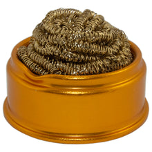 Load image into Gallery viewer, Made of low abrasive brass shavings that clean soldering iron tips better than conventional sponges | No water necessary — ideal for lead-free solder as tip temperature is kept constant | Features padded feet and includes a small suction cup that can be used to help keep the holder in place on flat surfaces | Compact size, measures 2.3 inches wide and about 1.5 inches tall | Remove excess solder from the tip by thrusting the tip into the brass shavings
