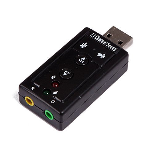 7.1 Channel External USB Audio Sound Card Adapter | USB 2.0 Full-Speed (12Mbps) Specification | Connectors: USB Type A, Stereo output jack, mono microphone input jack | USB bus-powered, no external power required | LED indicators: Microphone-Mute Status, Activity