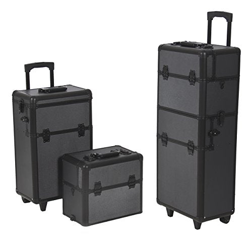 2-in-1 rolling lockable makeup train case (2 keys included) | Features a large base compartment and detachable top case compartment | High quality aluminum frame and reinforced corners for extra durability | Soft lined interior that protects stored items | Includes shoulder strap for traveling and outdoor use