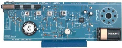 AM Radio kit and training course - 7 Transistors and 2 Diodes | This training course is divided into 5 lessons: Audio Amplifier, Detector, IF Amplifier, Oscillator, and Mixer | Includes radio mounting stand | 5 easy to understand lessons including the theory of operation of for each section | For 30 years Elenco has been using their strong engineering and design skills to develop reliable, affordable electronic test equipment, tools, and educational kits