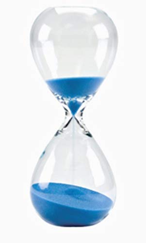 Large, hand-blown hourglass | Measures approximately one hour | Blue sand | Measures 3.6