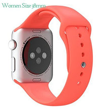 Load image into Gallery viewer, Only compatible with 38mm and 40mm Apple iWatch (NOT COMPATIBLE WITH 42mm or 44mm) | Vibrant Peach colored band and connection adapters only (Apple Watch / iWatch Not Included) | Features 7 snap-in holes for fitting most wrist sizes | Width: .8&quot;, Thickness: .1&quot; | Length: 9.25&quot; (can be shortened using the snap-in slots)
