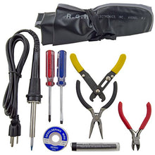 Load image into Gallery viewer, Basic tool kit in a convenient slotted storage pouch with tie strings | Soldering iron with comfort grip, 10 gram solder tube, 1.5M desoldering wick | #1 Phillips and 3/16&quot; Flathead Screwdriver | 4.5&quot; Diagonal Cutter, 4.5&quot; Long Nose Pliers, Wire Stripper | Includes a printout listing the items that are included along with a short illustrated soldering technique guide
