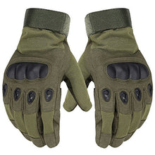 Load image into Gallery viewer, Size: Medium - Full finger design, adjustable velcro strap on wrist and back of hand prevents gloves from slipping off. Lean, ergonomic cut and breathable stretch nylon material provide maximum dexterity | Contoured, heavy-duty polycarbonate knuckle and palm reinforcement panel protect against abrasion injuries | Lightweight and breathable so your hands stay cool and comfortable in any environment | Army green color matches woodland camo | Fit for tasks that require fine motor skills and finger 
