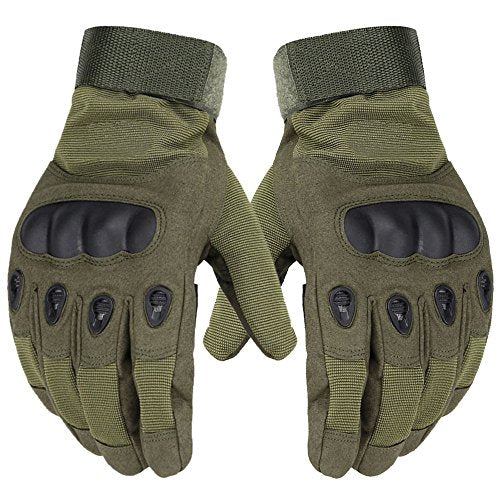 Size: Medium - Full finger design, adjustable velcro strap on wrist and back of hand prevents gloves from slipping off. Lean, ergonomic cut and breathable stretch nylon material provide maximum dexterity | Contoured, heavy-duty polycarbonate knuckle and palm reinforcement panel protect against abrasion injuries | Lightweight and breathable so your hands stay cool and comfortable in any environment | Army green color matches woodland camo | Fit for tasks that require fine motor skills and finger 