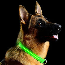 Load image into Gallery viewer, Medium Size - Adjustable from approximately 14.5&quot; to 17&quot; | Vehicles will see your pet well in advance with this bright, illuminated collar | Easy to operate - simply squeeze the button on to cycle the 4 different modes: Fast Flashing, Slow Flashing, On, and Off | Built-in rechargeable battery charges via Micro-USB cable (included) | Features an adjustable strap, sturdy buckle, and a heavy-duty D-ring for attaching a leash
