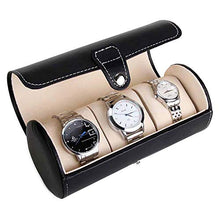 Load image into Gallery viewer, Convenient, portable, and practical roll-style watch case holds up to 3 watches is perfect for storing your watches in your luggage when traveling | Features an elegant leatherette fabric with stylish contrast stitching | Three generously padded, plush watch cushions provide ultimate protection and can be removed separately if you need room for other accessories | Doubles as a dresser accessory | Case Size: 3.25L x 7.75W x 3.25H; Pillow size: 2L x 2.25W
