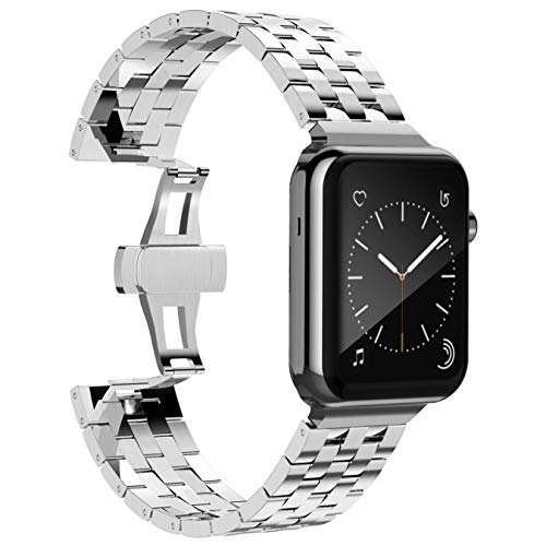 Designed as replacement Band for Apple Watch 42mm and 44mm | NOT COMPATIBLE WITH 38mm or 40mm | Band and connection adapters only (Apple Watch / iWatch and Adjustment Tools Not Included) | Band Material: Precision stainless steel band with connection adapters | Length: 7.25