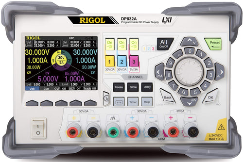 Power Supply with 2 0-30V/3A channels, 1 5V/3A channel, 1 mV/1 mA measurement resolution, monitoring, analysis, trigger I/O, and LAN interface | 3 Outputs; total power up to 195W | Low Ripple Noise <350 uVrms/2mVpp | Fast transient response time: <50 us | Channel isolation: CH1 || CH2,CH3