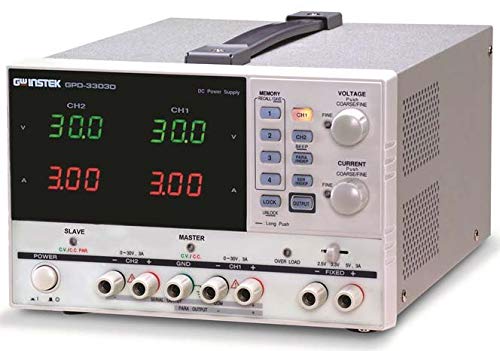 Linear power supply unit provides a constant source of DC voltage and current for powering and testing electronic devices | Two outputs supply adjustable voltage up to 30VDC and current up to 3 amp | Third output supplies fixed voltage of 2.5V, 3.3V, or 5VDC and current of 3 amp | Digitally controlled knobs for fine and coarse adjustment of voltage and current output | Four LED screens show voltage and current readings for all outputs simultaneously