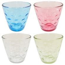 Load image into Gallery viewer, Pack of 4, includes Blue, Clear, Green, Pink | These elegant glasses are great for whiskey, water, wine, beer, iced tea, and other drinks | Each glass measures 3.3 inches wide at the top, 2 inches at the base, and are 3.1 inches tall | The unique glass shape enhances the beverages aromas and flavors | 
