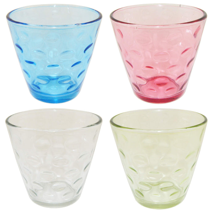 Pack of 4, includes Blue, Clear, Green, Pink | These elegant glasses are great for whiskey, water, wine, beer, iced tea, and other drinks | Each glass measures 3.3 inches wide at the top, 2 inches at the base, and are 3.1 inches tall | The unique glass shape enhances the beverages aromas and flavors | 