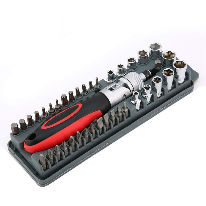 Handy, all-in-one 40-piece ratchet screwdriver set! | 3-Position reversible rotatable ratchet handle | 26 chrome vanadium bits and 11 sockets | Handle is rubberized for grip and comfort | Ideal for carpentry work, locksmiths, electricians, auto mechanics or home DIY repair