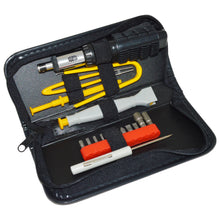 Load image into Gallery viewer, 19 piece tool set featuring the most popular tools for computer repairs and upgrades | IC Extractor, IC Inserter, Tweezers, Combination Phillips/Slotted mini screwdriver with pocket clip | 3-way ratchet driver (forward, lock, and reverse) with rubber grip handle that holds bits. | Included bits: T8, T10, T15, T20, T25, two sizes slotted, two sizes Phillips, and 3/16&quot; + 1/4&quot; nut driver bits | All tools are neatly stored in the included zipper carrying case
