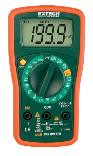 Compact manual ranging multimeters with 8 functions including temperature | Large easy to read digital display | AC/DC voltage, DC current, resistance, Type K temperature, continuity/diode | 1.5V and 9V Battery test function | Convenient mini size with protective rubber holster and tilt stand