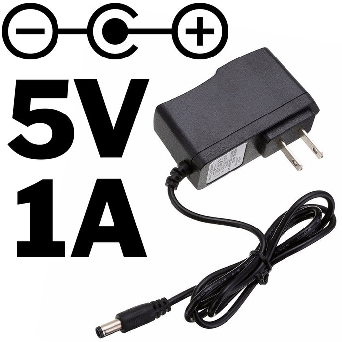 5 Volt DC Power Adapter | 1 Amp | 5.5mm Barrel Jack | Polarity: Center Positive | Approximately 3 foot cord