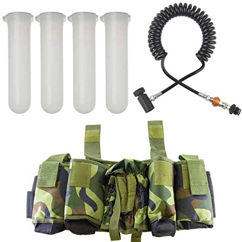 This paintball bundle includes a camouflage harness, 4 clear paintball pods, and a remote line with slide check | Harness fits standard tanks up to 88ci / 4500psi (Sold Separately) | Each included paintball pod holds 140 rounds (.68 Caliber) | Remote line fits all tanks of any kind (compressed air, nitro, or co2) and features adjustable airflow & slide check | A must have for the paintball enthusiast!