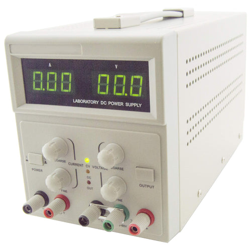0-60V; 0-3A | +5V @ 1A fixed | Two digital panel meters (LED) | Constant voltage and current operation | Overload and reverse polarity protection