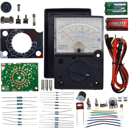 Build your own quality, high performance analog meter with this soldering practice kit | NOTE: This kit requires assembly with a soldering iron. Soldering iron and solder are not included. An assembly manual is included. | Once assembled, it measures AC and DC voltage and current, resistance, audion signal dBm, transistor gain (hfe), and checks diode continuity | Measures 5.82