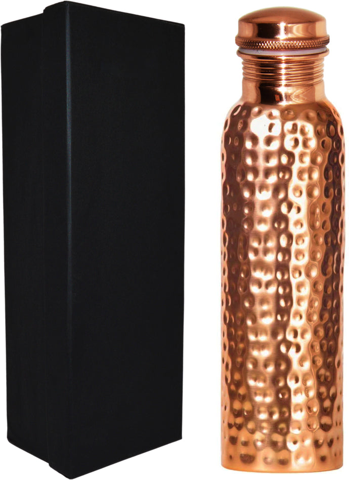 100% pure copper drinking vessel with 30 ounce capacity, crafted by hand — superior quality Ayurvedic copper with a shimmering hammered exterior and comes packaged in an elegant gift box | Copper has strong antibacterial properties and can positively charge the water stored inside to offer a multitude of health benefits according to Ayurveda | Take it with you anywhere — it's seemless design and screw-on cap makes it leakproof, even if the bottle is held upside-down! | The metal retains the temp