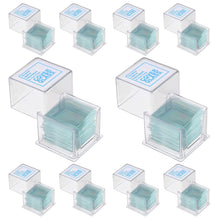 Load image into Gallery viewer, Pack of 1000 cover slips for microscope slides | Each coverslip measures 18x18mm and has a .13 to .17mm thickness | Made of glass | Useful for fixing specimens on microscope slides and preventing sample contamination | Includes 10 small plastic storage boxes, containing 100 slips each
