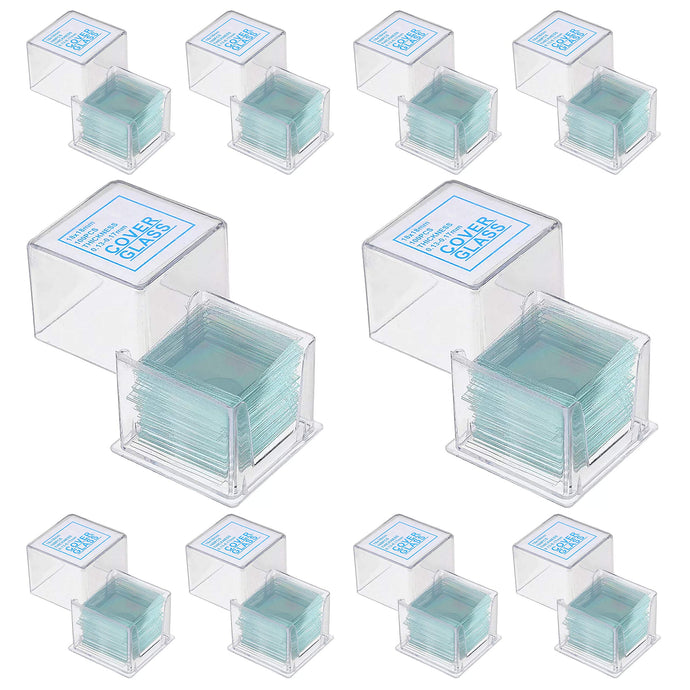 Pack of 1000 cover slips for microscope slides | Each coverslip measures 18x18mm and has a .13 to .17mm thickness | Made of glass | Useful for fixing specimens on microscope slides and preventing sample contamination | Includes 10 small plastic storage boxes, containing 100 slips each