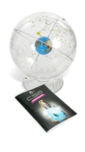 Load image into Gallery viewer, Transparent 12&quot; celestial globe maps constellations for students studying astronomy in grades 5-12 | Printed 4&quot; earth globe and 3/4&quot; yellow sun mounted inside the star globe rotate independently and demonstrate the earth&#39;s apparent relationship to the stars, planets, and galaxies | Poles adjust for the month and day to show the positions of the stars relative to the calendar | Teacher&#39;s guide provides 13 activities and seven student worksheets | Includes base for stability
