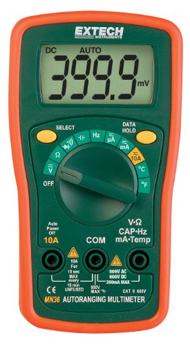 Compact autoranging multimeters with 10 functions including temperature | Large easy to read digital display | AC/DC voltage, DC current, resistance, capacitance, frequency, Type K temperature, continuity/diode | Convenient mini size with protective rubber holster and tilt stand | Data hold locks reading in the display