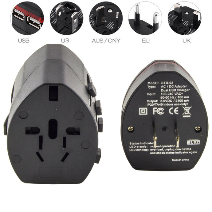 DC Universal Worldwide Charger AC Power Plug Travel Adapter Converter with 2 USB Ports