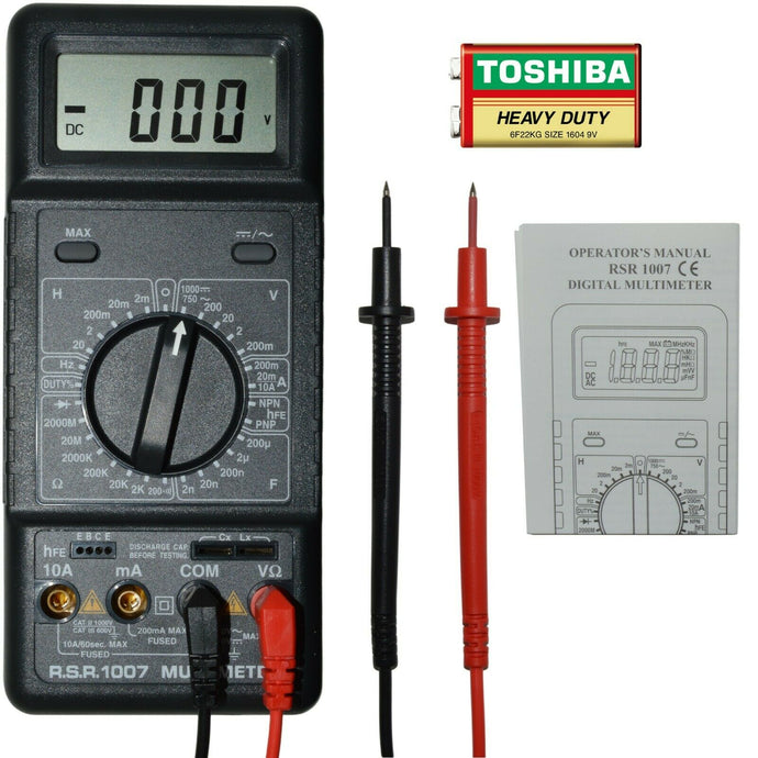 This meter offers all the features of LCR meter and digital multimeter | Features include capacitance, inductance, hfe, audible continuity tester and extra large LCD display. | Comes with carrying case, battery and spare fuse | DC and AC Voltage to 10 Amp | Resistance to 2,000M Ohm